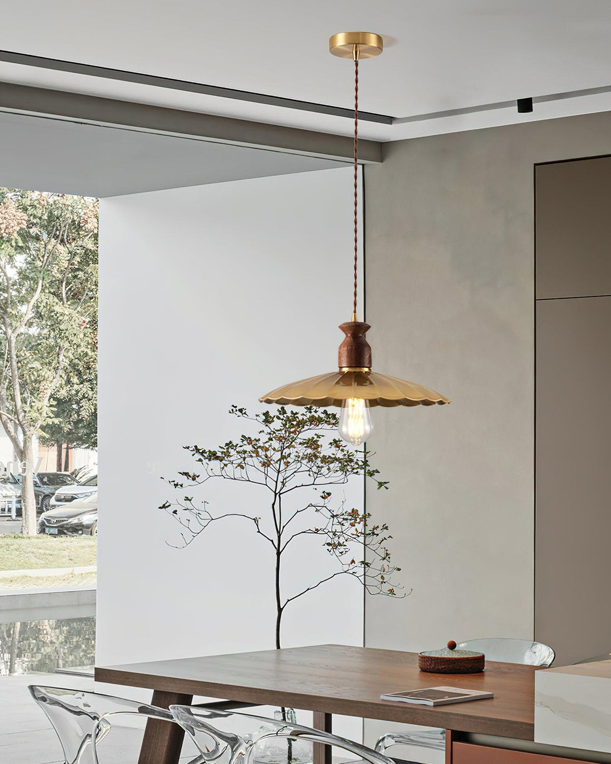 Pendant Lamp Scalloped Brass Shade Walnut Wood Vintage-Neutral Decor