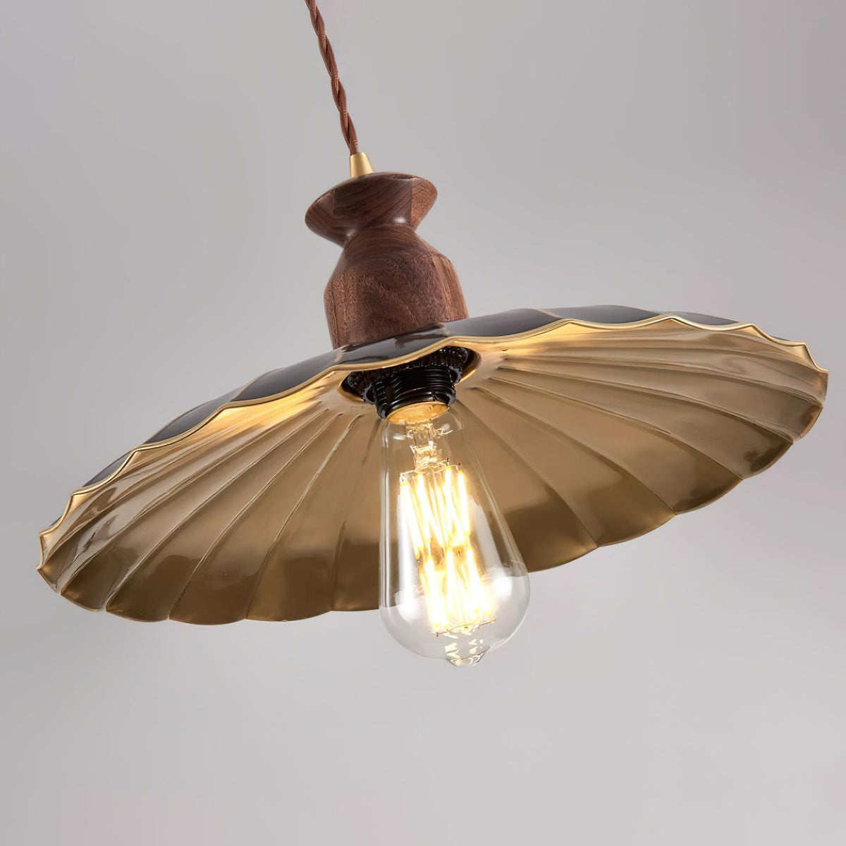 Pendant Lamp Scalloped Brass Shade Walnut Wood Vintage-Neutral Decor