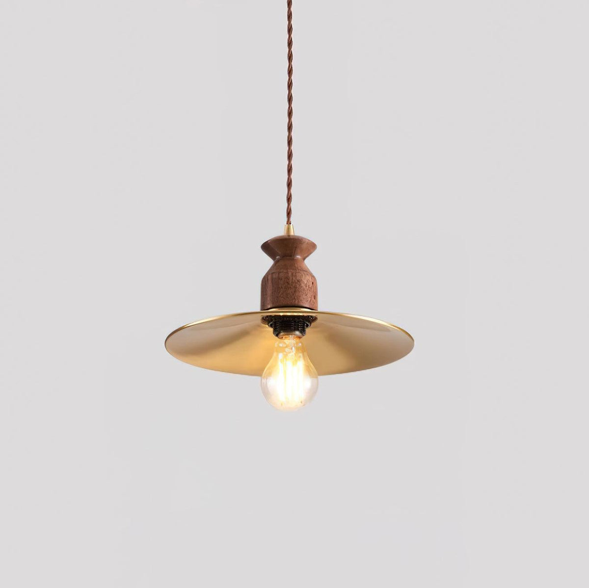 Pendant Lamp Scalloped Brass Shade Walnut Wood Vintage-Neutral Decor