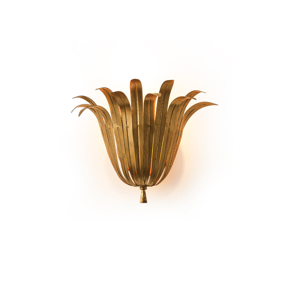 Vicenzio Leaf Wall Lamp in gold finish, front view.