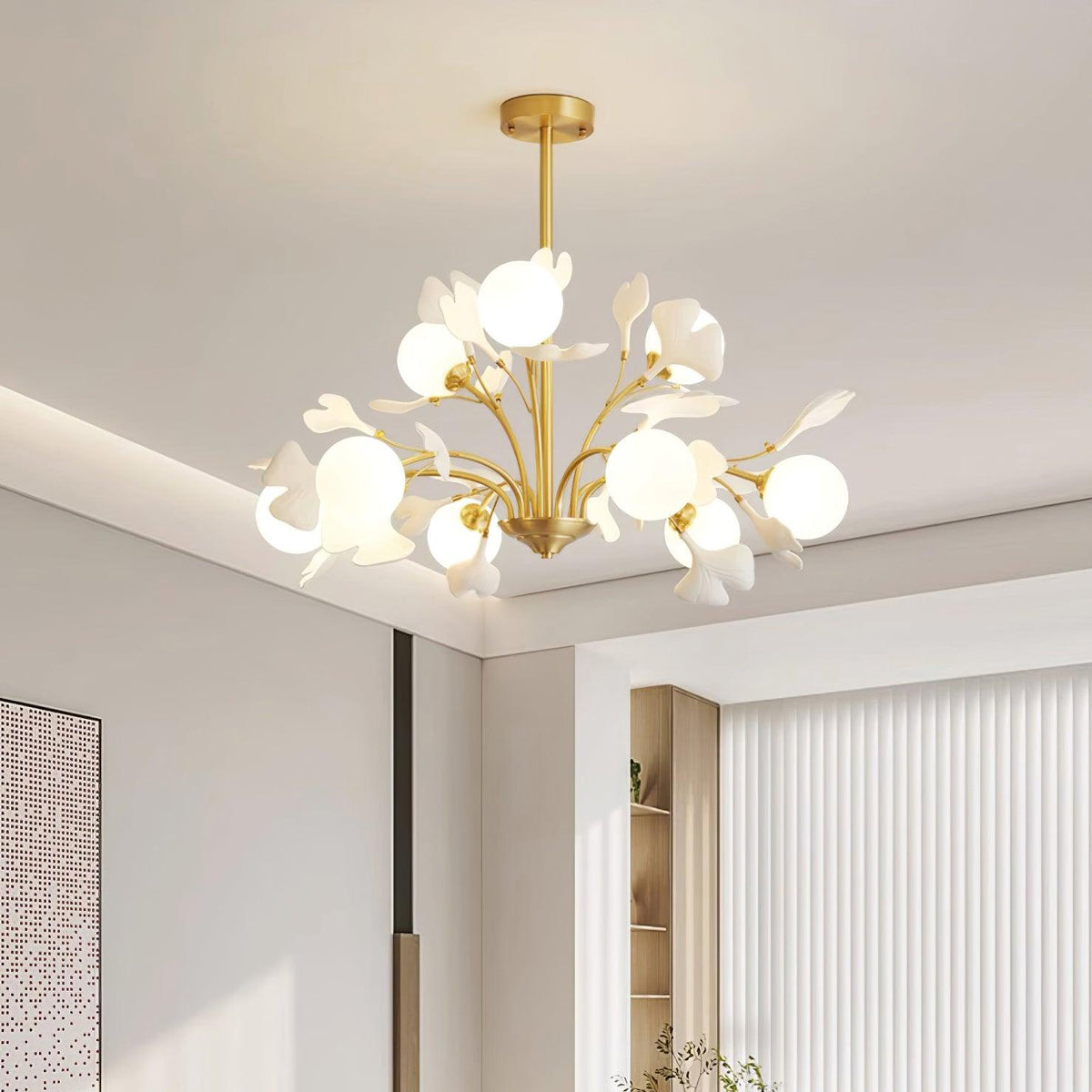 Ginkgo Leaf Chandelier with Frosted Glass Globes-Neutral Decor