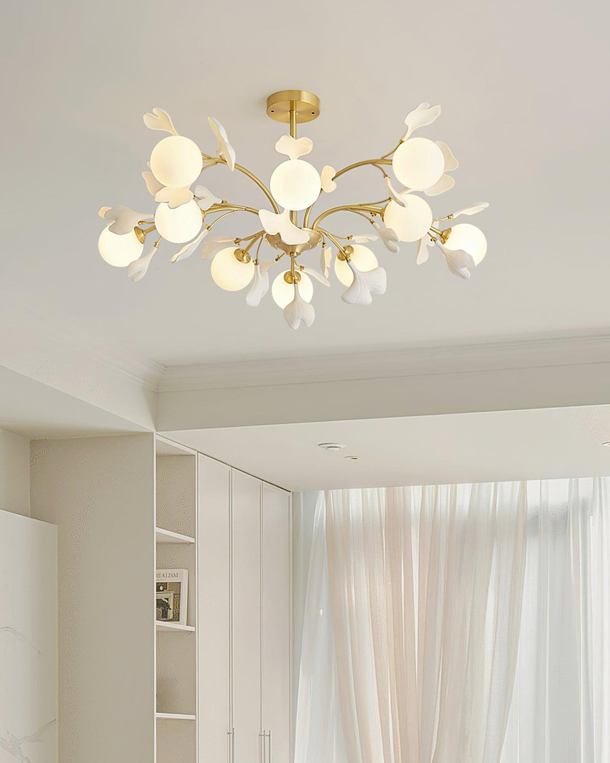 Ginkgo Leaf Chandelier with Frosted Glass Globes-Neutral Decor