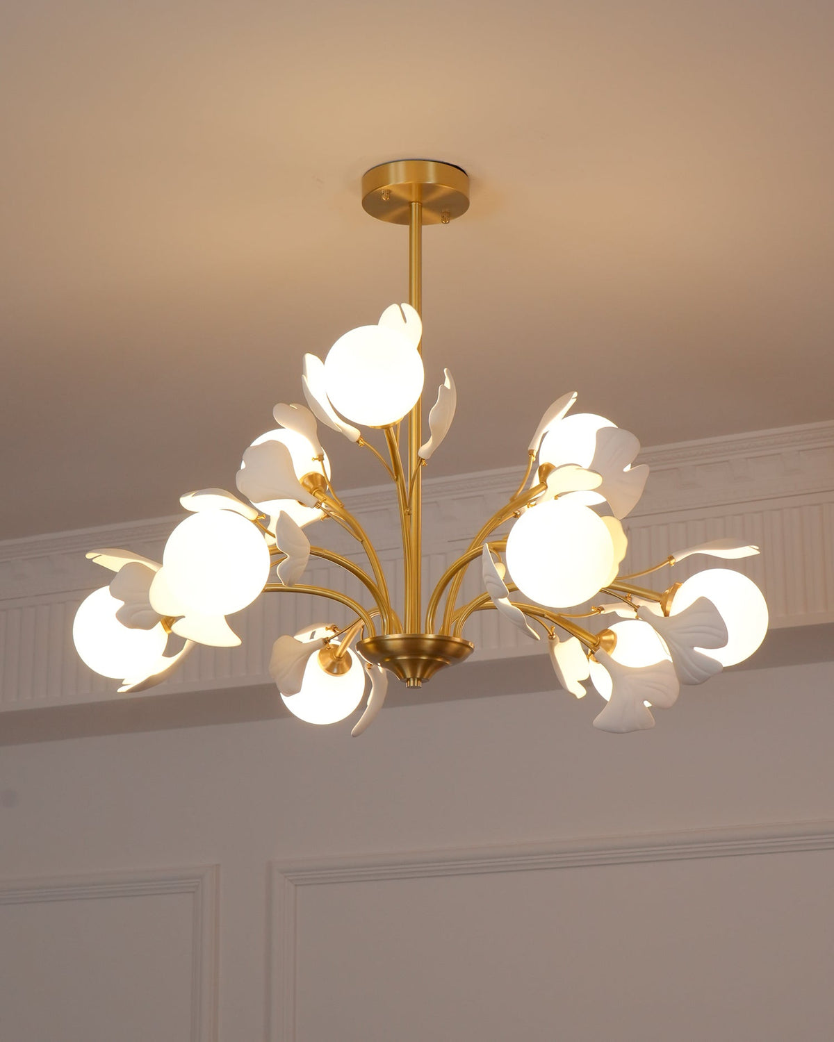 Ginkgo Leaf Chandelier with Frosted Glass Globes-Neutral Decor