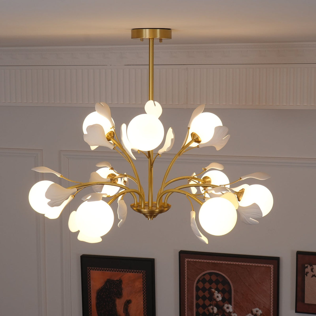Ginkgo Leaf Chandelier with Frosted Glass Globes-Neutral Decor