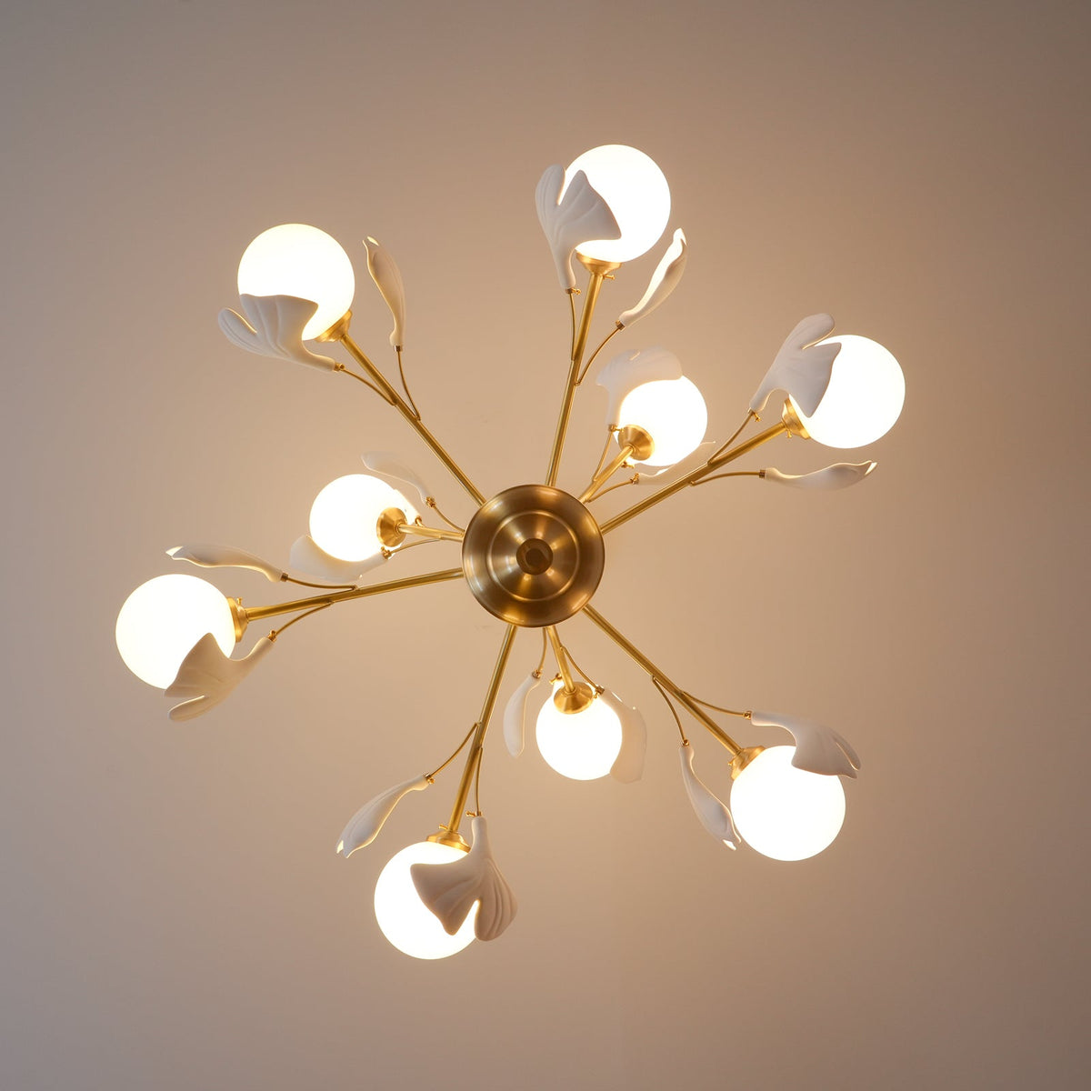Ginkgo Leaf Chandelier with Frosted Glass Globes-Neutral Decor