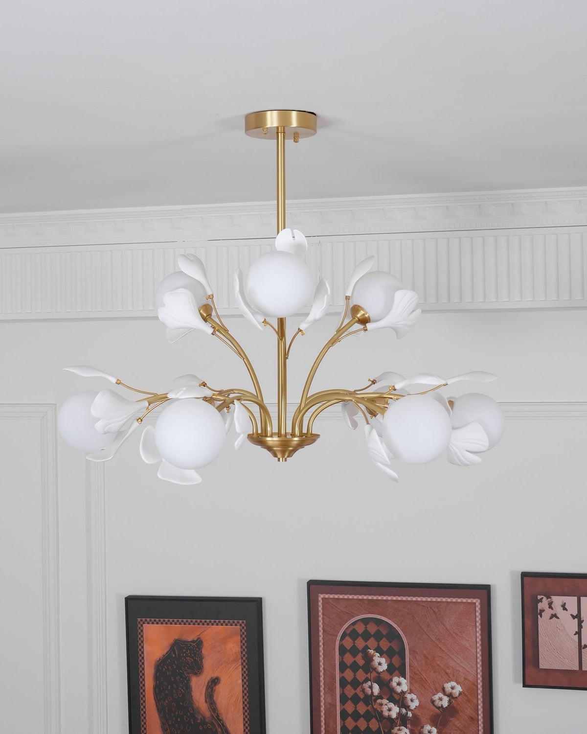 Ginkgo Leaf Chandelier with Frosted Glass Globes-Neutral Decor