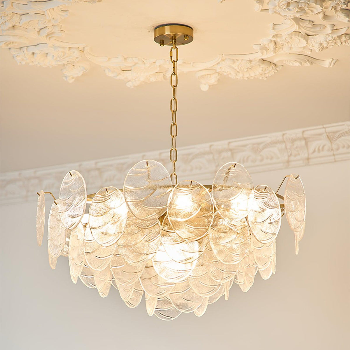 Chandelier Glass Discs Metal Frame Gold Finish Victorian-Neutral Decor