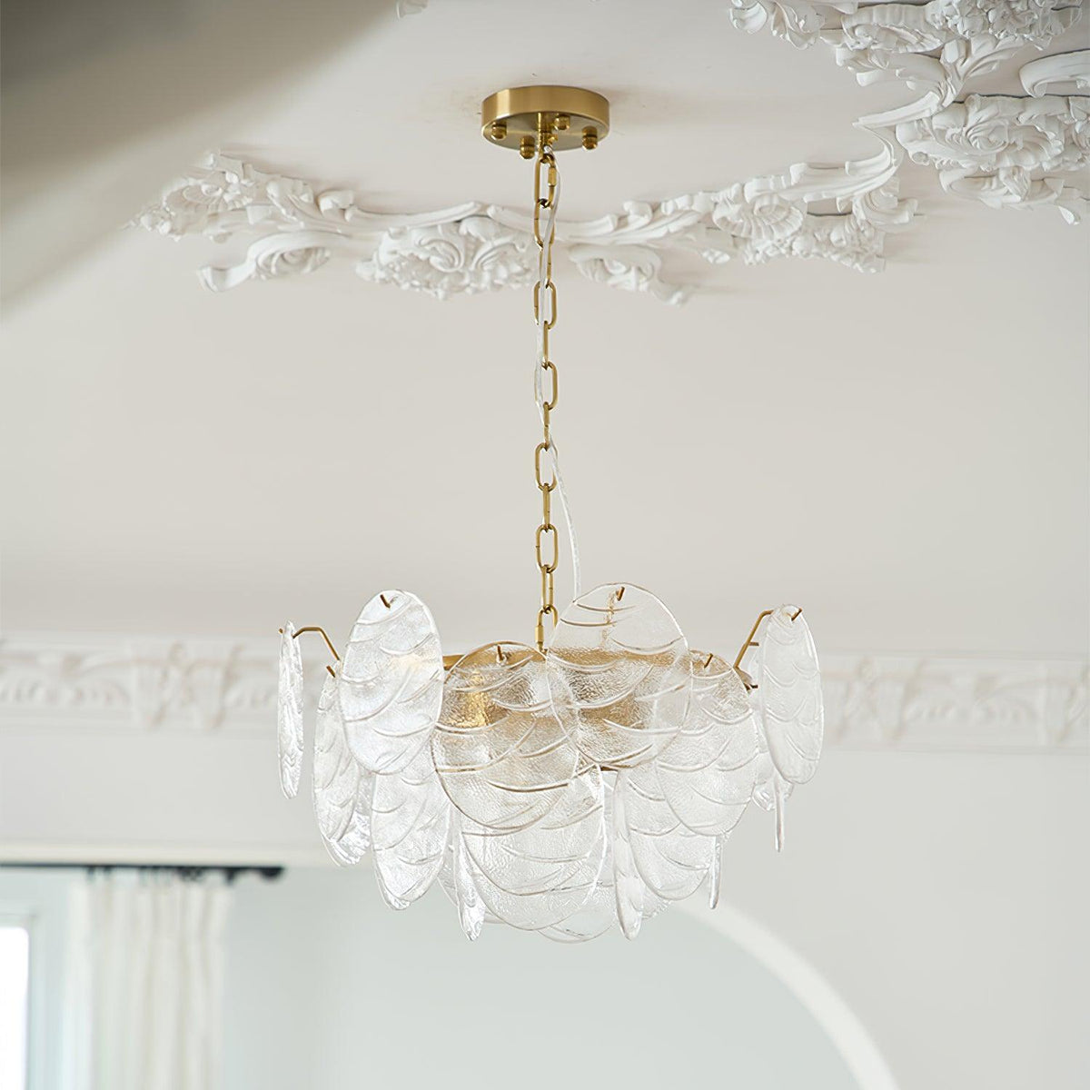 Chandelier Glass Discs Metal Frame Gold Finish Victorian-Neutral Decor