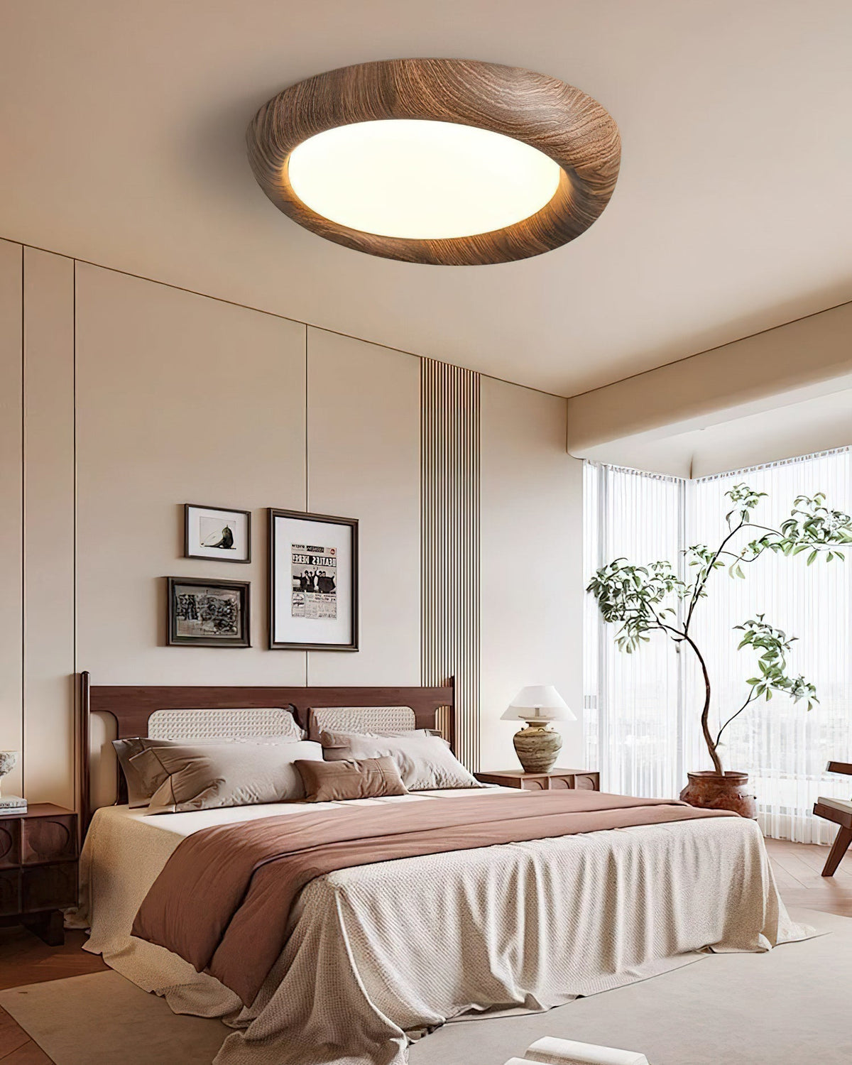 Close-up of the Vikaey Ceiling Light's wood texture and frosted diffuser.