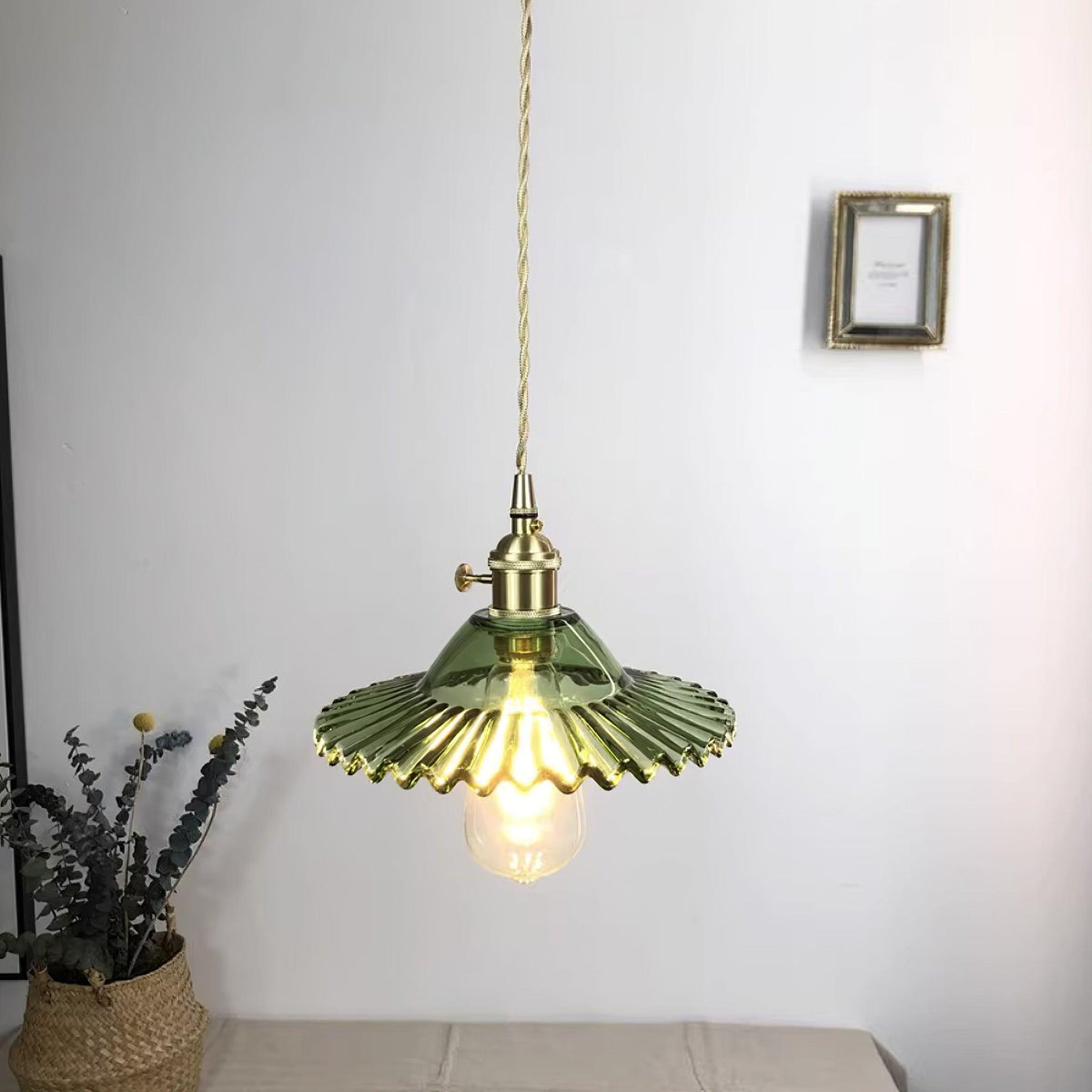 Pendant Lamp Ruffled Glass Shade Scalloped Edge Brass Accents Retro-Neutral Decor