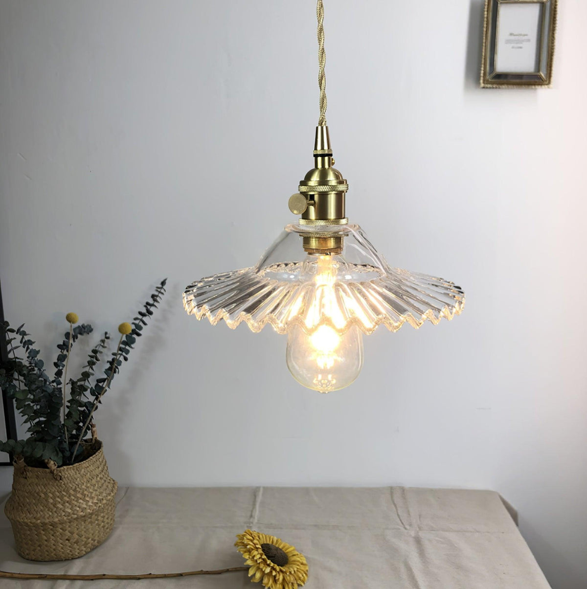 Pendant Lamp Ruffled Glass Shade Scalloped Edge Brass Accents Retro-Neutral Decor