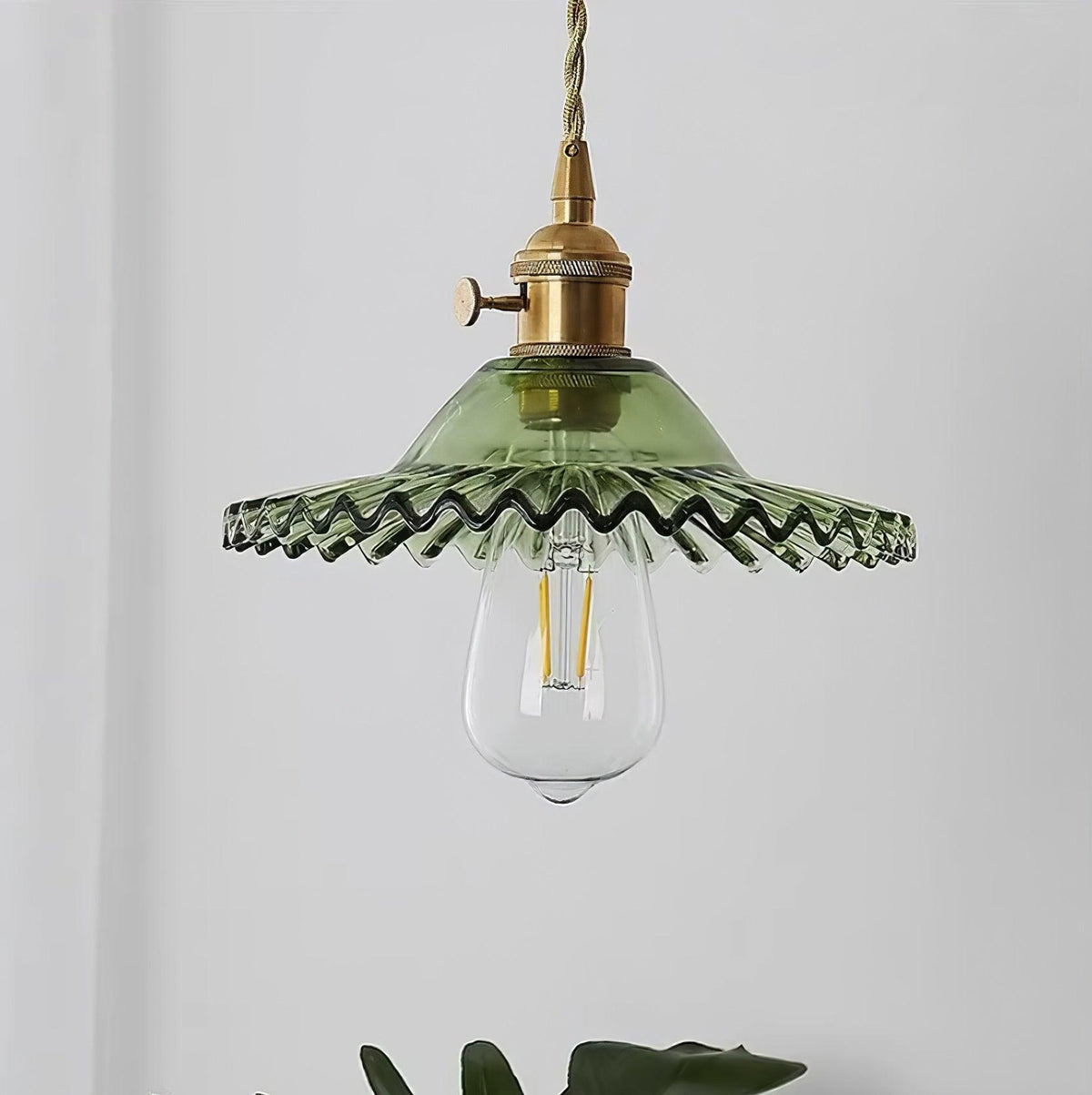 Pendant Lamp Ruffled Glass Shade Scalloped Edge Brass Accents Retro-Neutral Decor