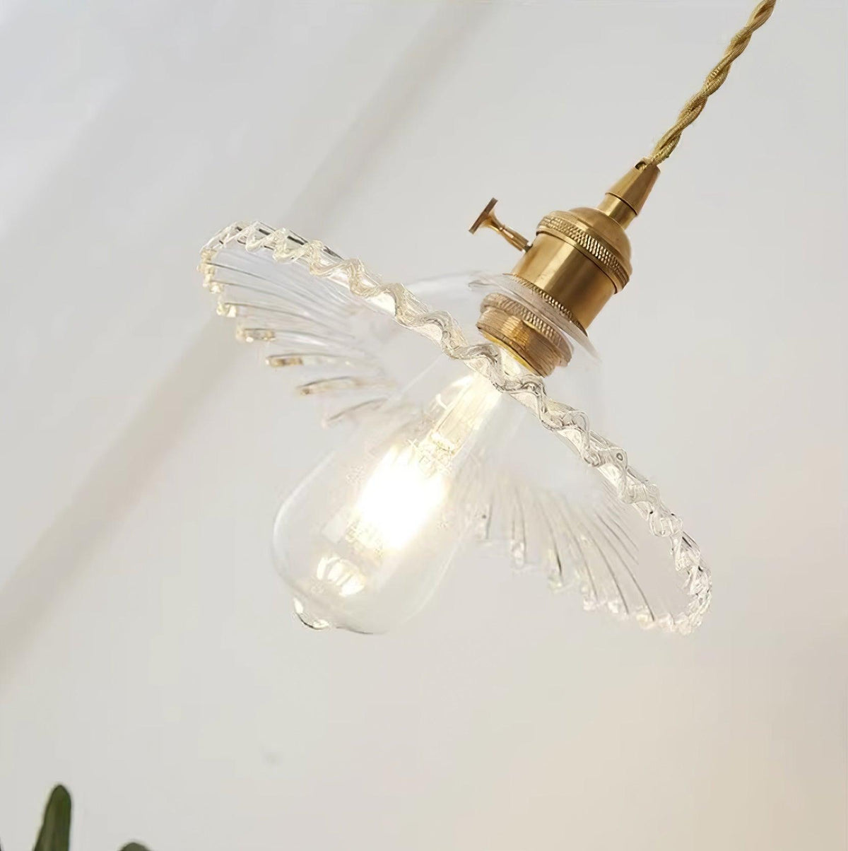 Pendant Lamp Ruffled Glass Shade Scalloped Edge Brass Accents Retro-Neutral Decor