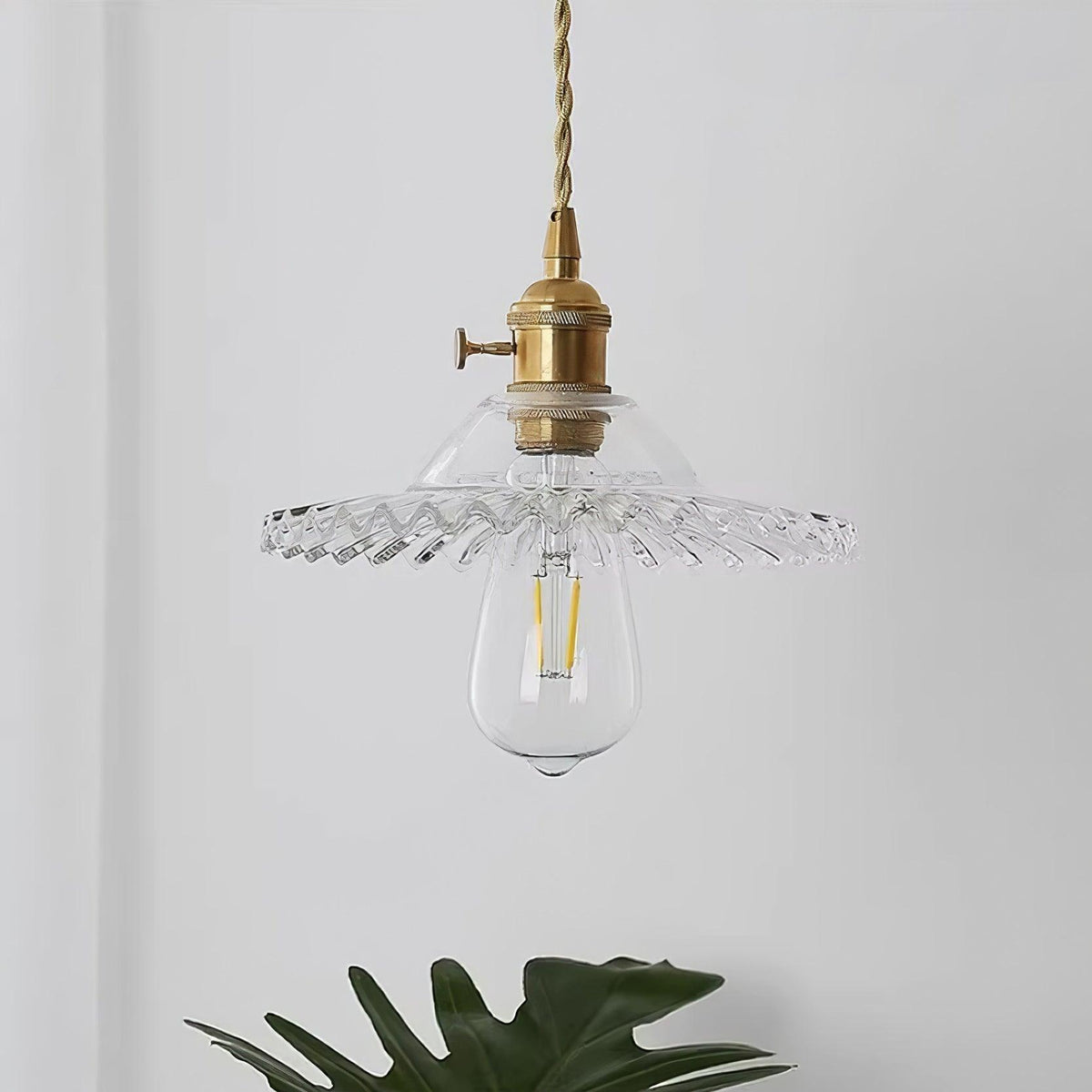 Pendant Lamp Ruffled Glass Shade Scalloped Edge Brass Accents Retro-Neutral Decor
