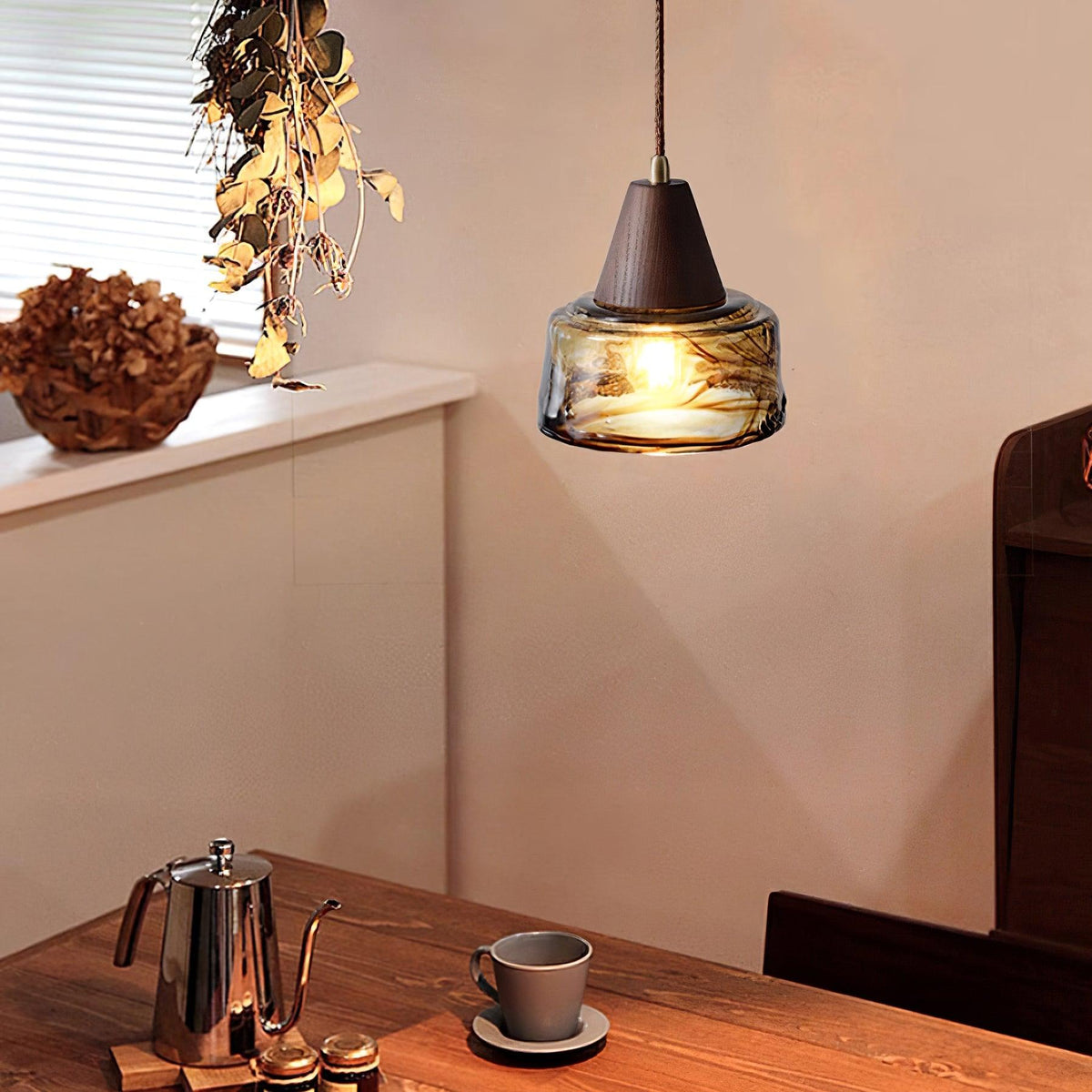 Pendant Lamp Amber Glass Shade Wood Top Vintage Artistic-Neutral Decor