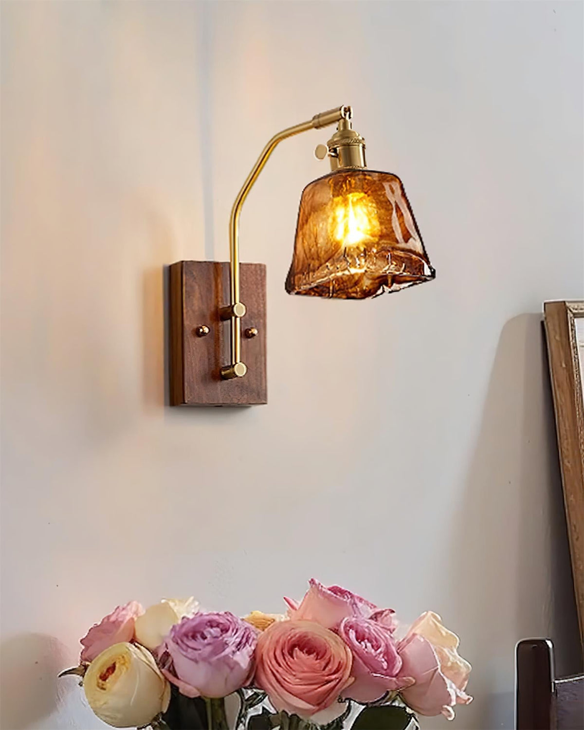 Wall Lamp Brass and Glass with Wood Backplate Vintage Artisan-Neutral Decor