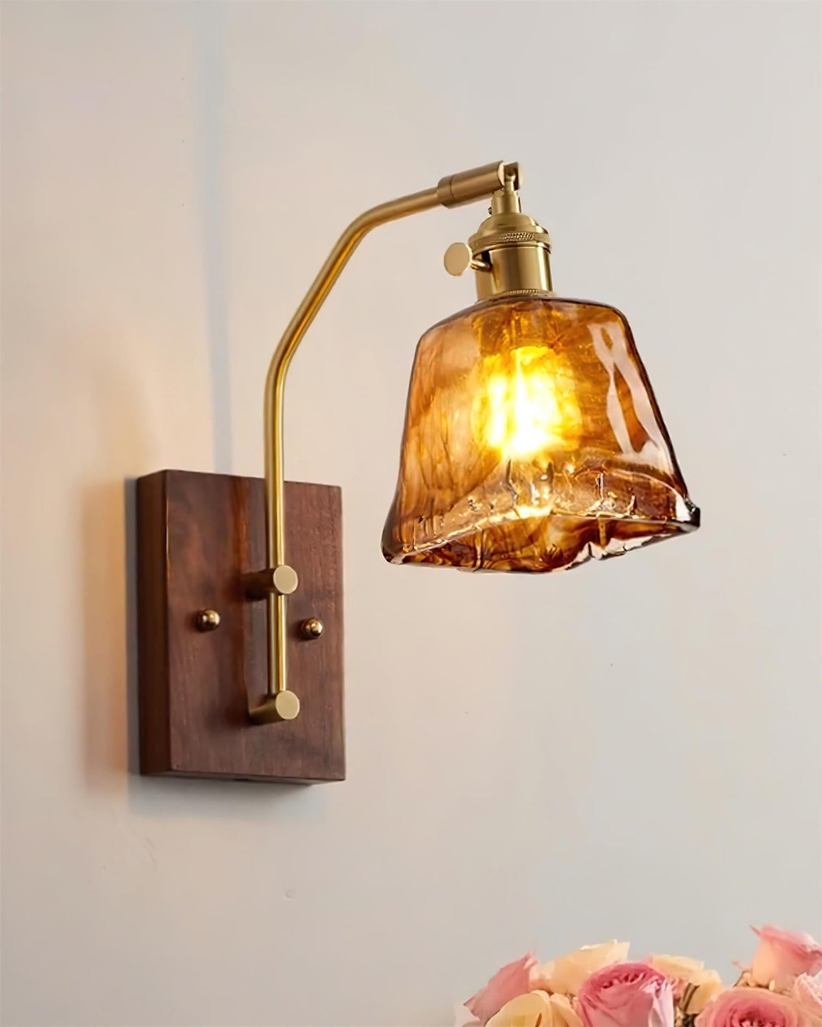Wall Lamp Brass and Glass with Wood Backplate Vintage Artisan-Neutral Decor