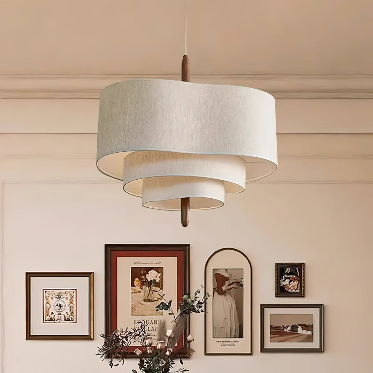 Paveya Élégance Vague Échelle Bois Tissu Pendentif Lampe