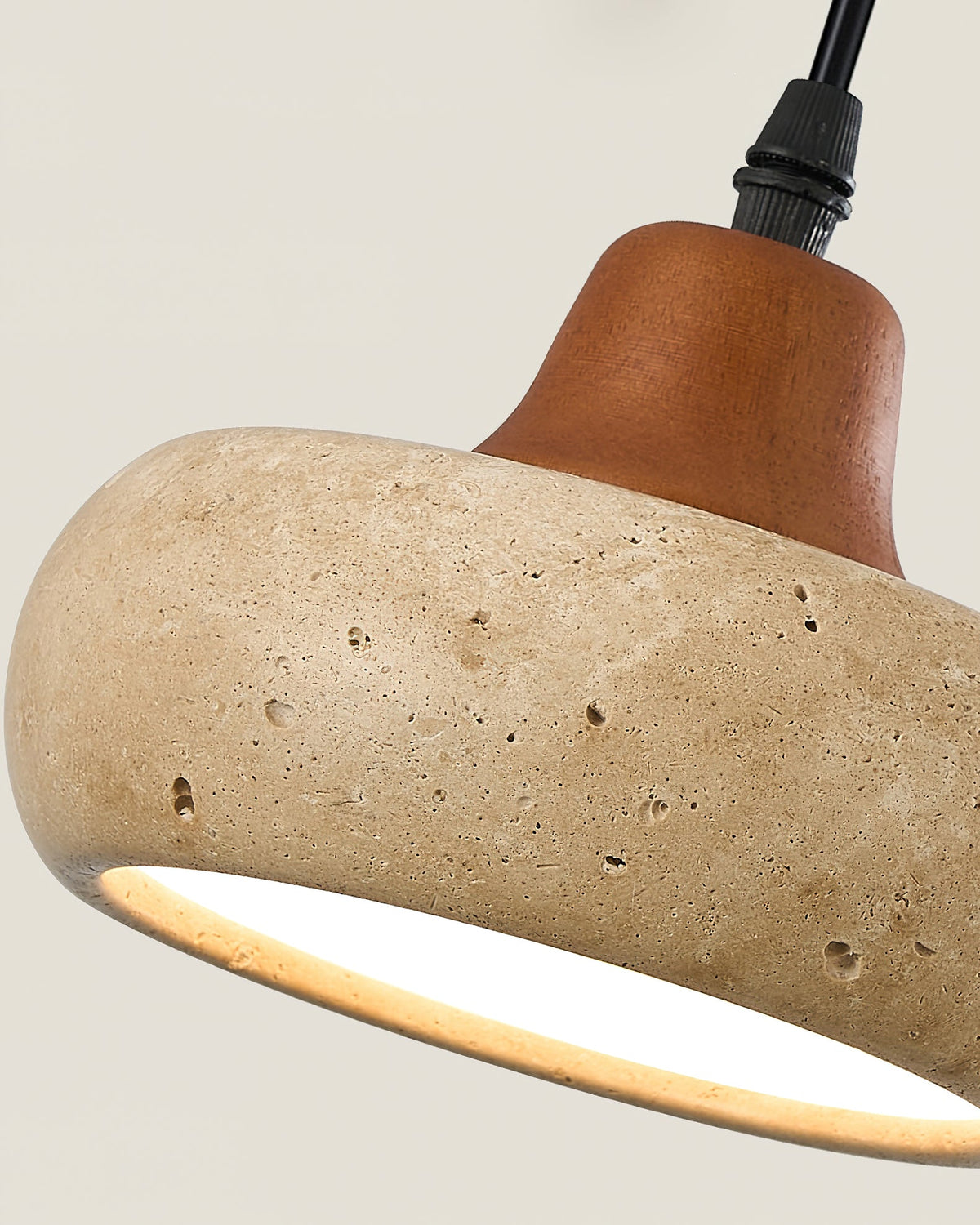 View of the walnut wood accent on the pendant.