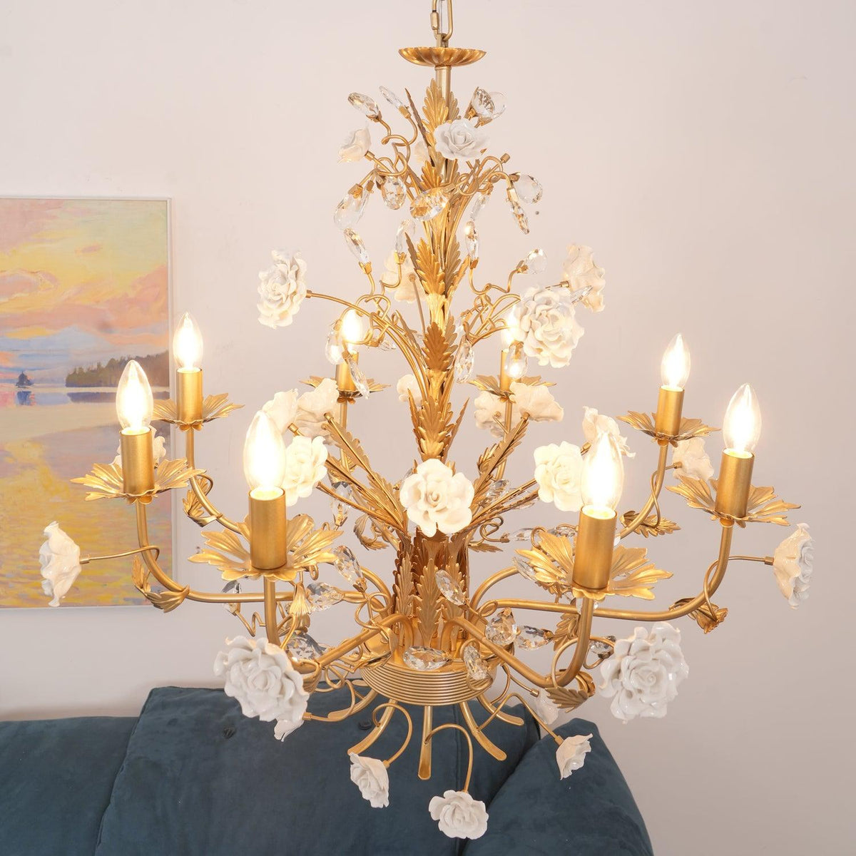 Chandelier Ornate Metal Frame Porcelain Roses Crystal Classic Luxury-Neutral Decor