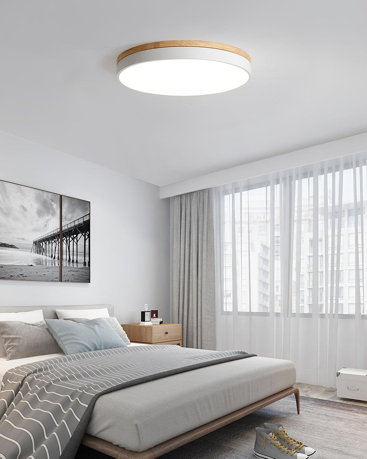 Laureva Plafonnier Blanc Ronde avec Bois