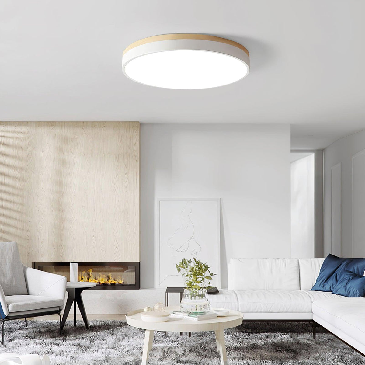 Laureva Plafonnier Blanc Ronde avec Bois