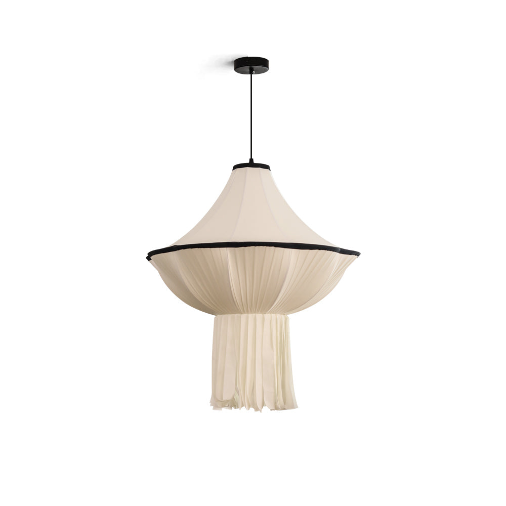 Wildon Pendant Light with a beige pleated fabric shade in a modern living room.