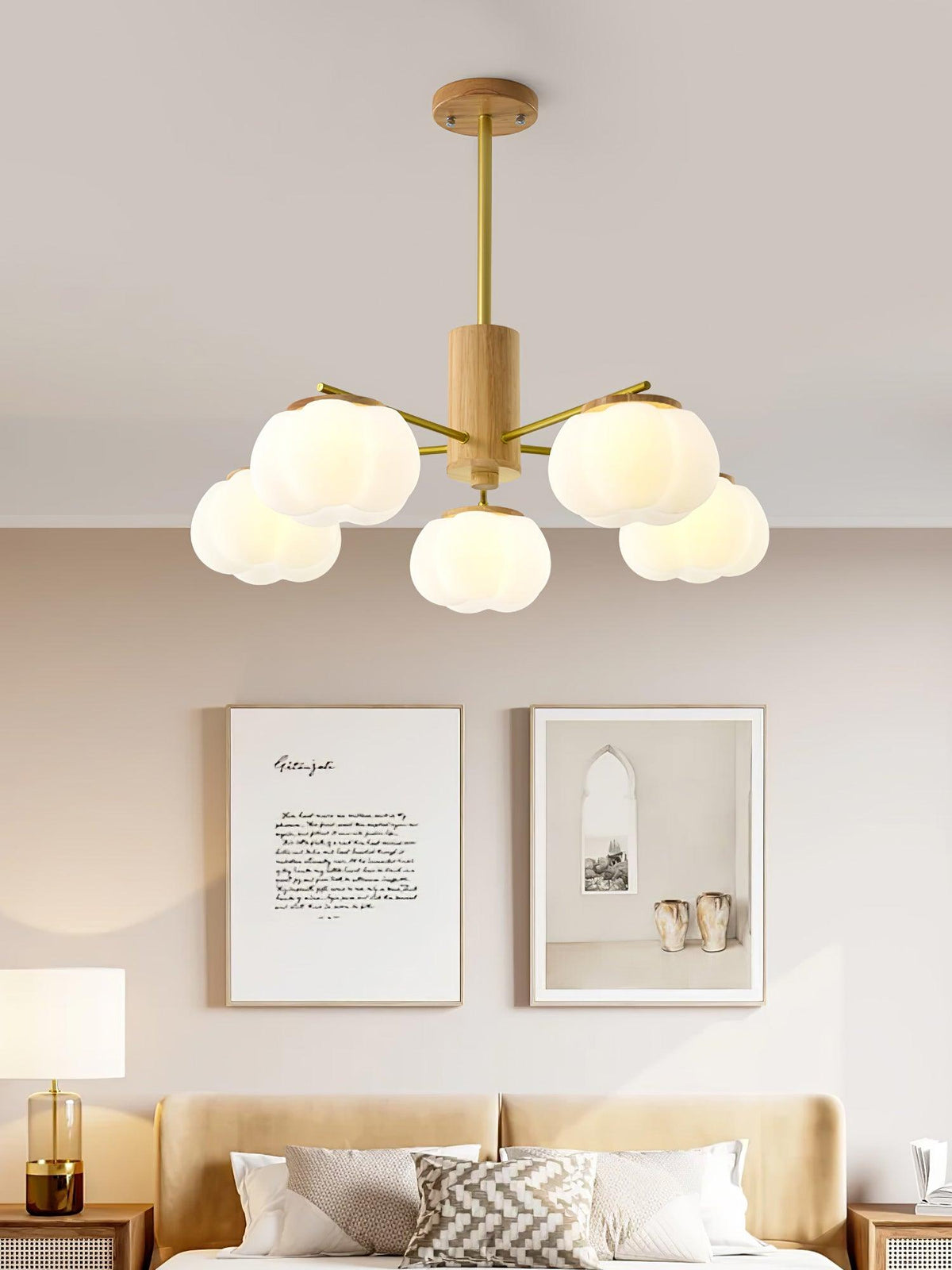 Tevena Lustre Boules de Coton Bois Doré PE