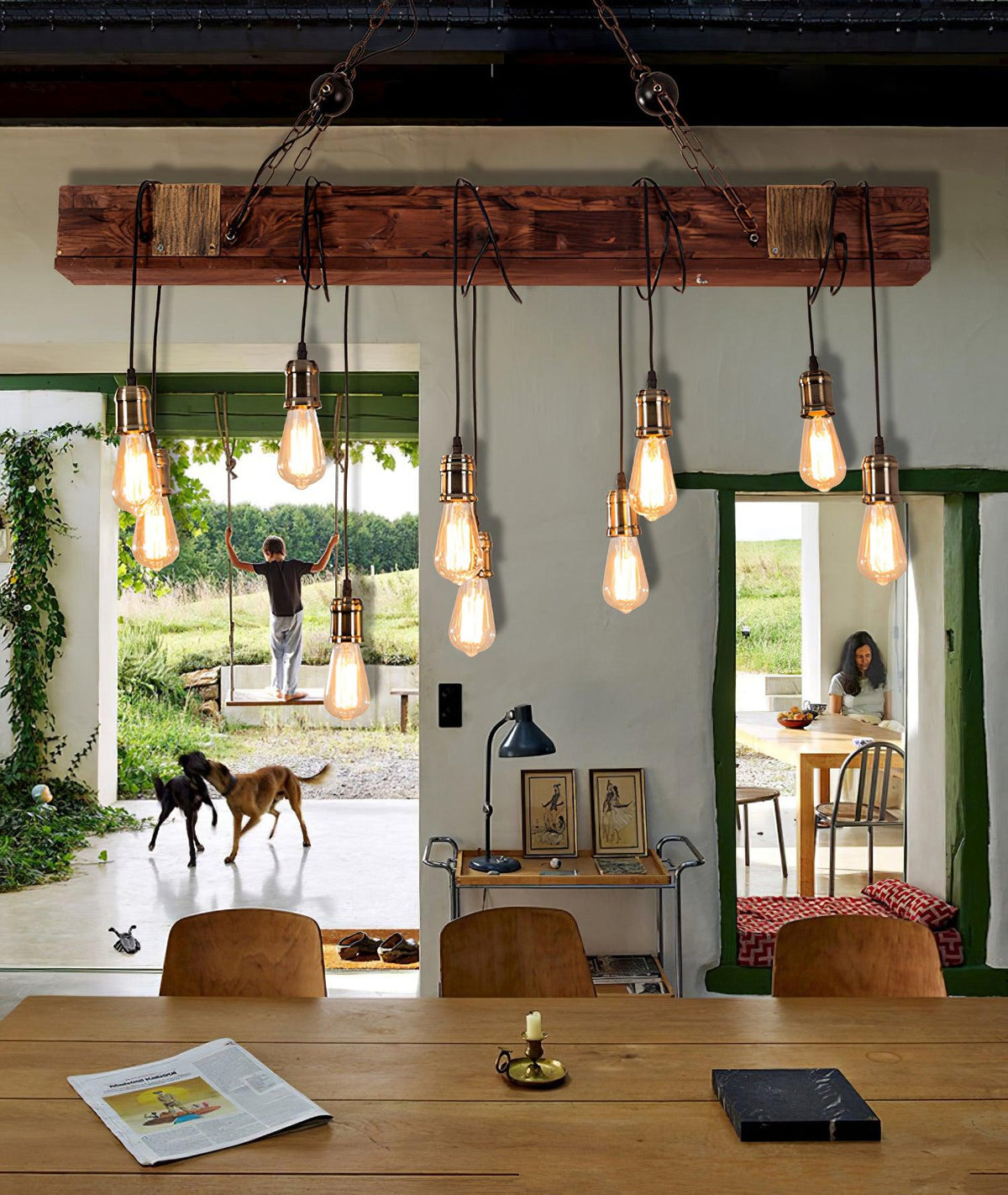 Arlenae Lustre Poutre en Bois Ampoule Edison Rustique