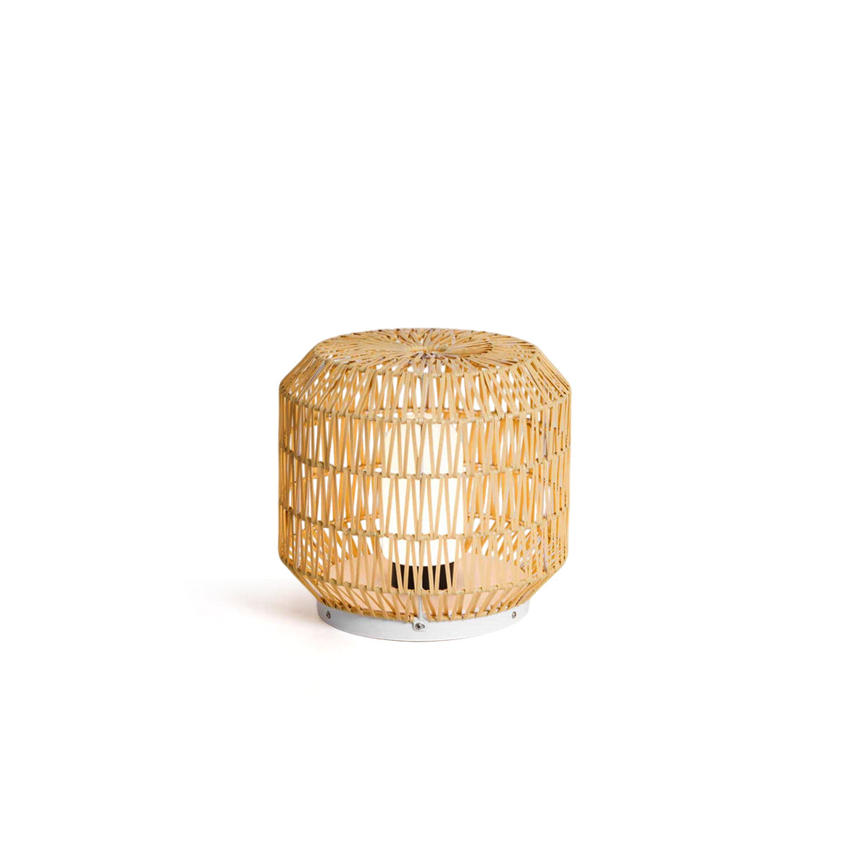 Woven rattan outdoor lamp with a natural finish.