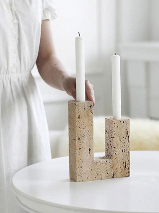 Horze Support de Bougie Moderne en Travertin Jaune
