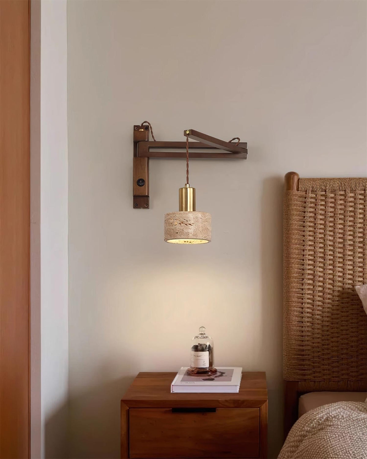Wall Lamp with Travertine Cylinder Shade for Minimalist Ambiance-Neutral Decor