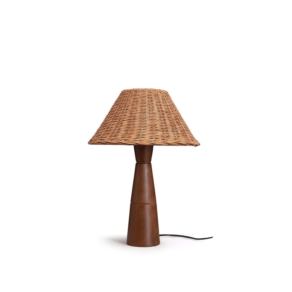 Zaya Table Lamp with a wood base and rattan shade.