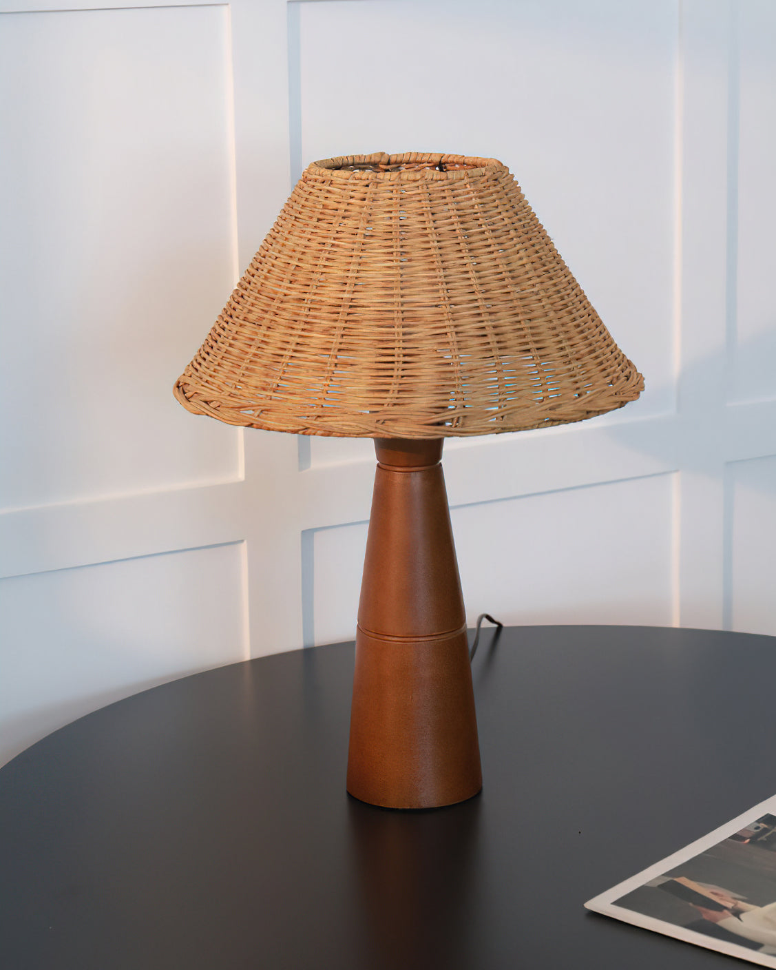 The texture of the natural rattan shade in a detailed macro shot.