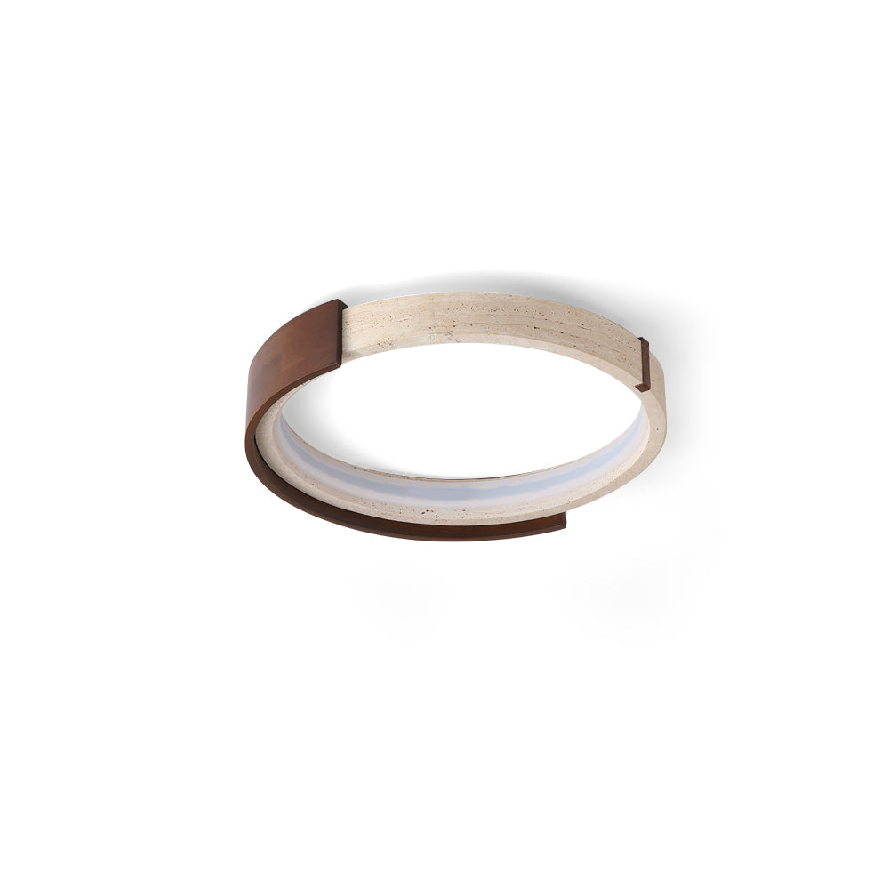 Zenova Ceiling Light in beige travertine and walnut wood, front view.