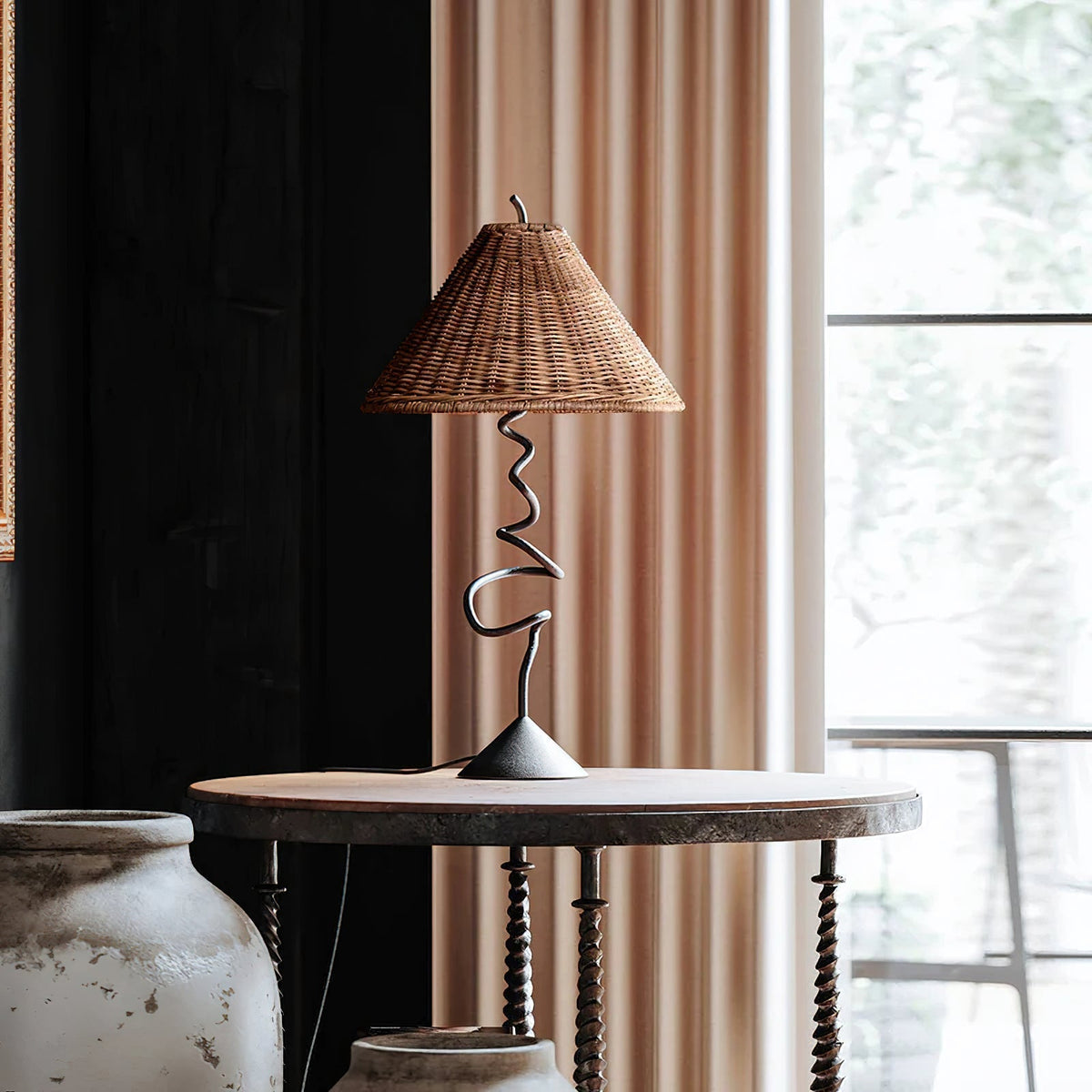 Close-up view of the handwoven rattan shade, highlighting its texture and craftsmanship.