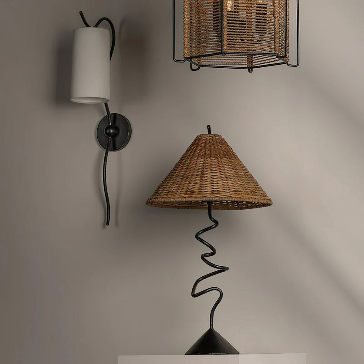 Lifestyle image of the Zigzag Table Lamp on a nightstand in a boho-inspired bedroom.
