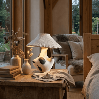 Pebble-Inlay Sculptural Plaster Table Lamp-Neutral Decor