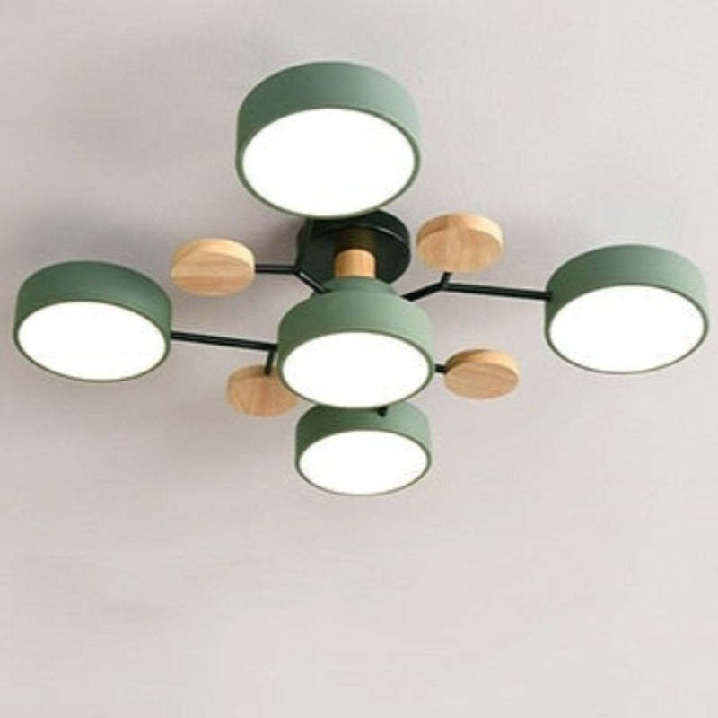 Arisha Plafonnier Rond Moderne, Métal/Bois, Blanc/Vert/Gris, Salon