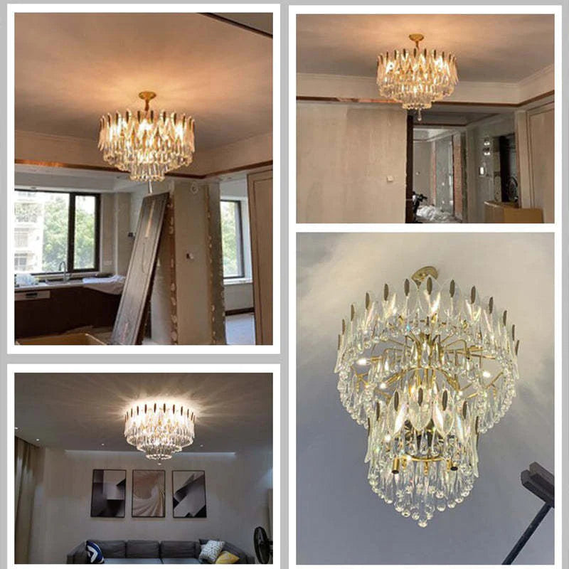 Kristy Lustre Plume Cristal, Métal/Cristal, Doré, Salon
