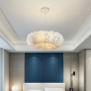 O'Moore Suspension Rond Moderne, Acrylique/Métal/Plume, Blanc, Chambre