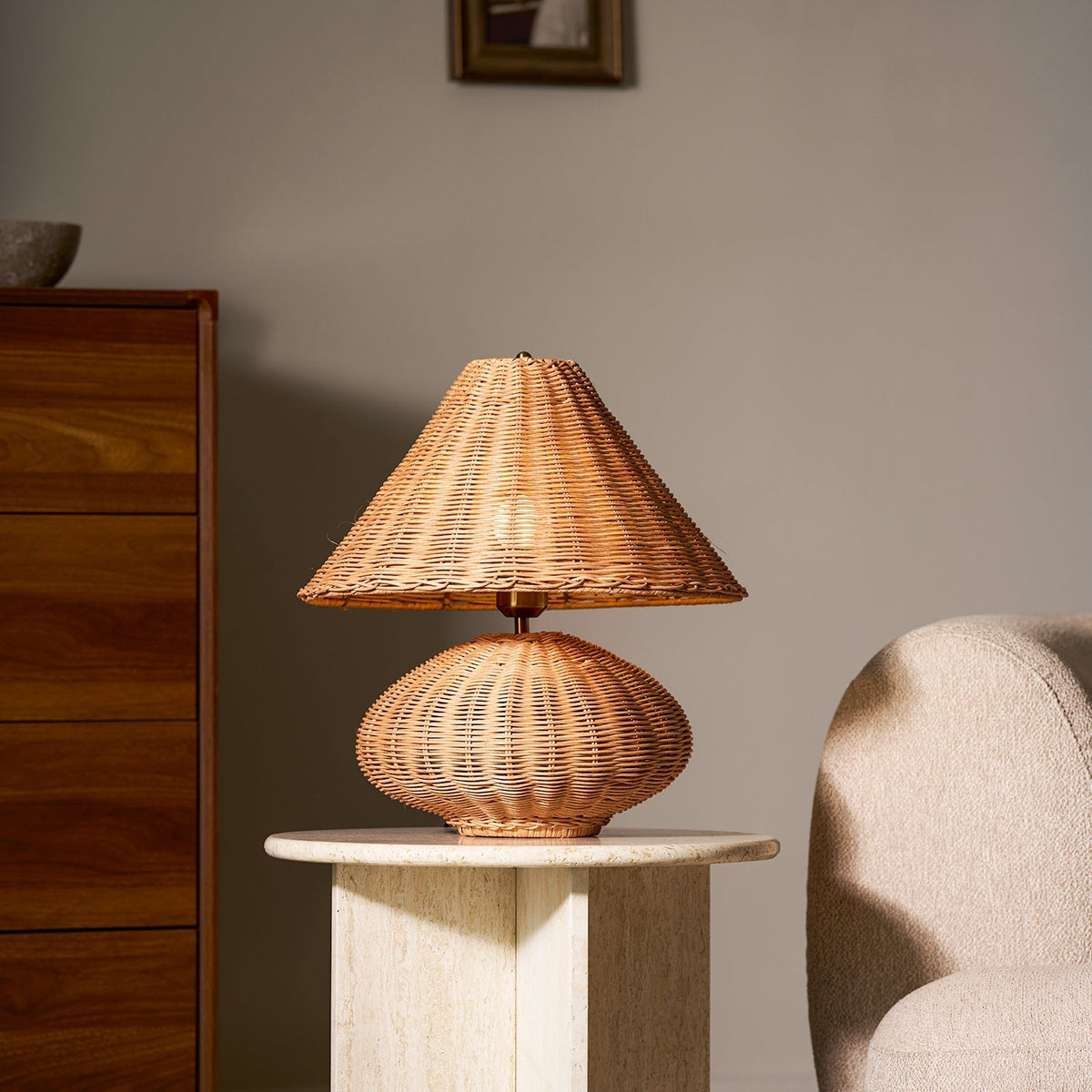 Top-down view of the conical rattan shade, showing the bulb fixture.