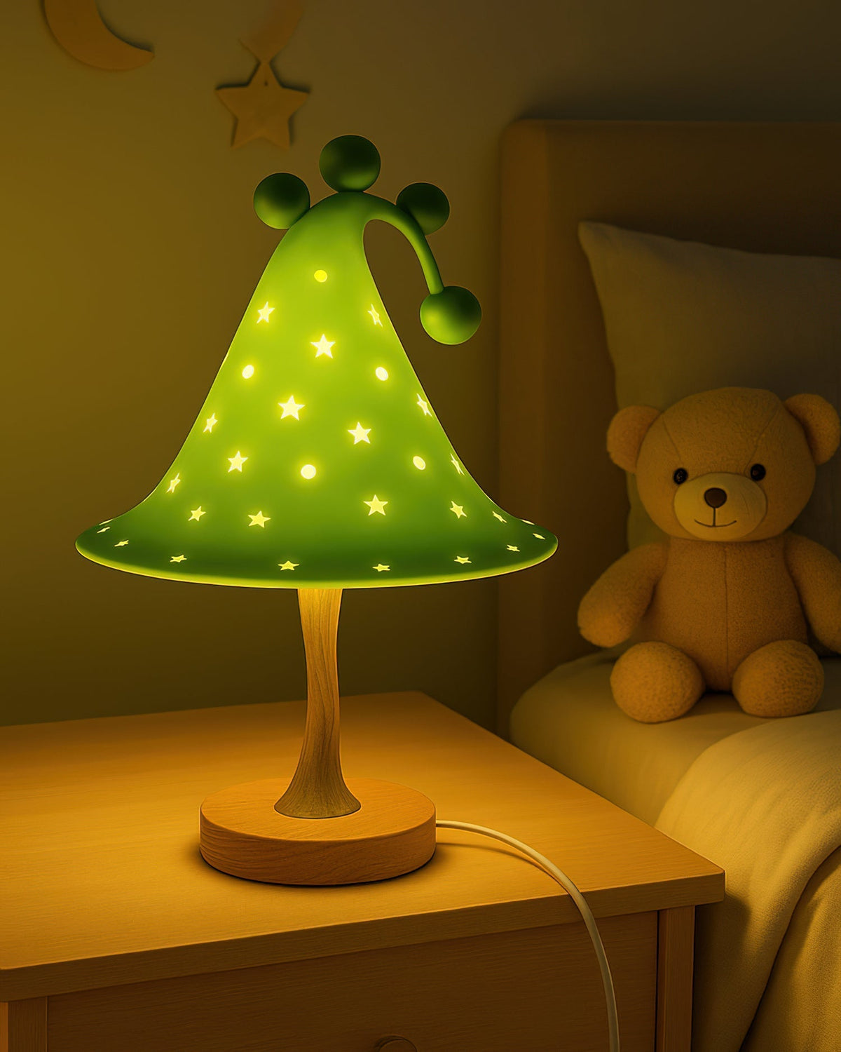 Side view of the blue Wizard Hat Table Lamp on a nightstand.