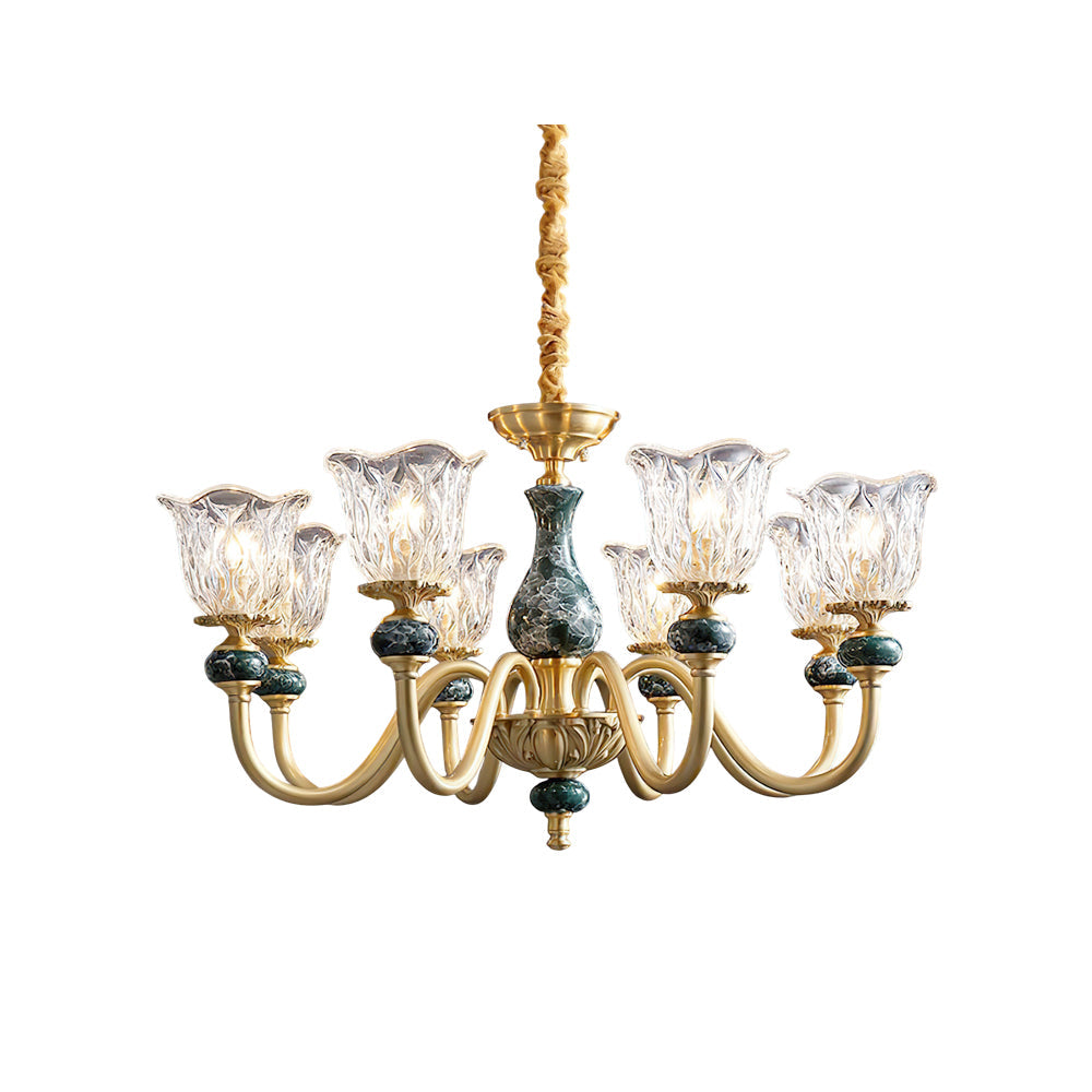 Dieppe Chandelier in green, brass, and clear glass.