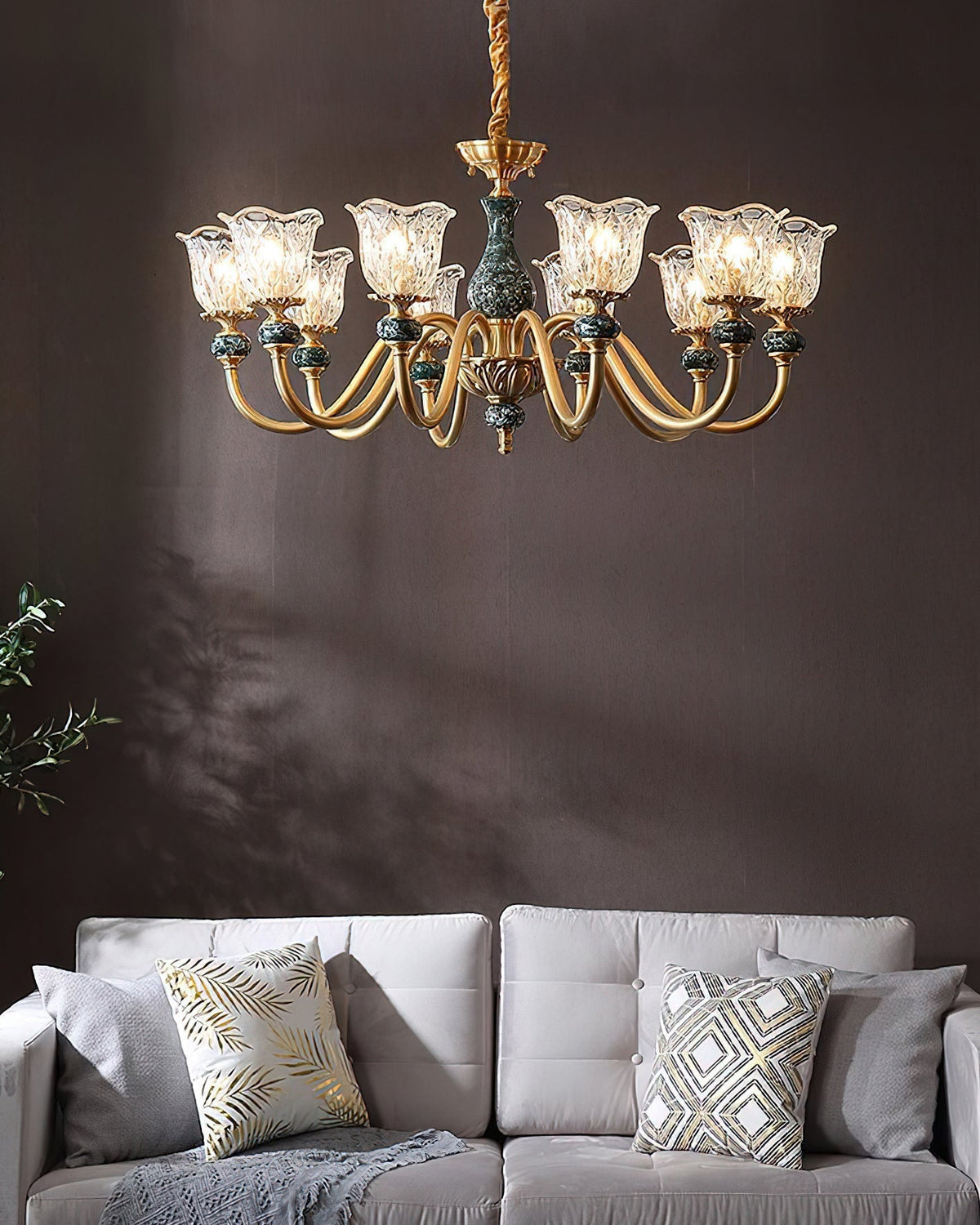 Angled shot of the Dieppe Chandelier showcasing its multiple lights.
