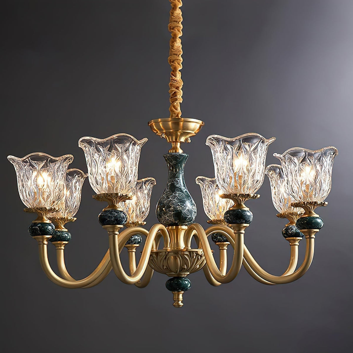 Dieppe Chandelier hanging in a formal dining room.