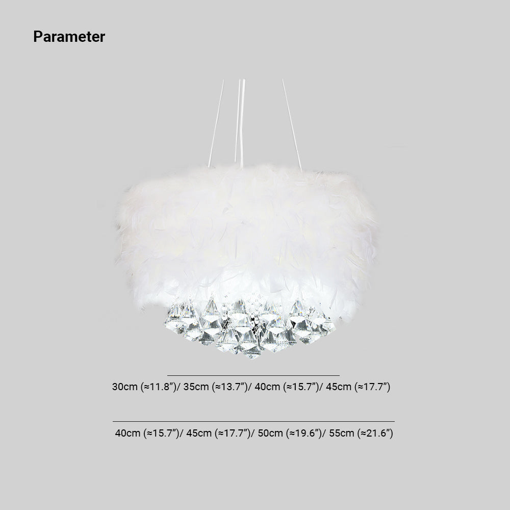O'Moore Suspension Tambour Magnifique, Métal/Plume/Cristal, Blanc, Chambre à Coucher/Salon